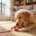 Placeholder: golden retriever puppy lying next to a red rolling ball toy with tail