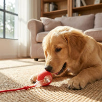 Placeholder: golden retriever puppy lying next to a red rolling ball toy with tail