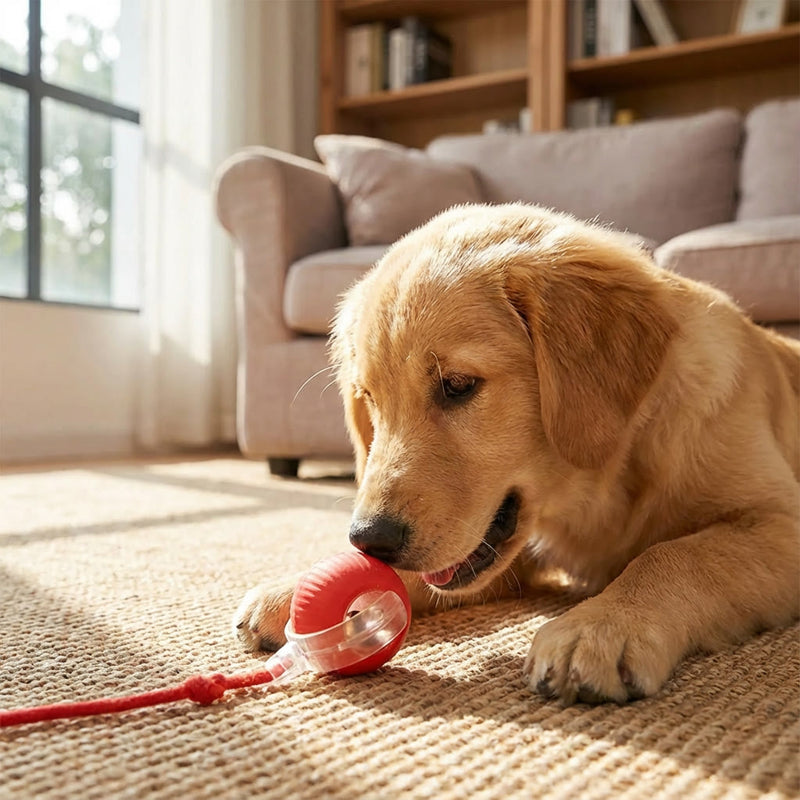 Placeholder: golden retriever puppy lying next to a red rolling ball toy with tail