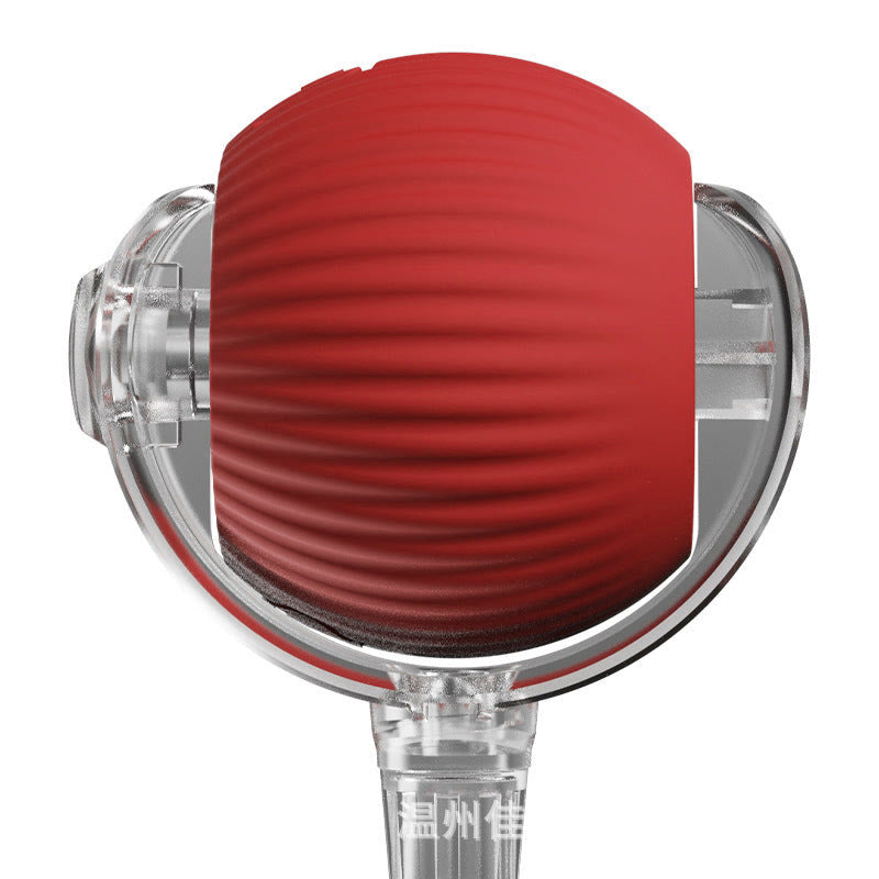 Placeholder: red ridged rolling ball dog toy in clear housing, close-up