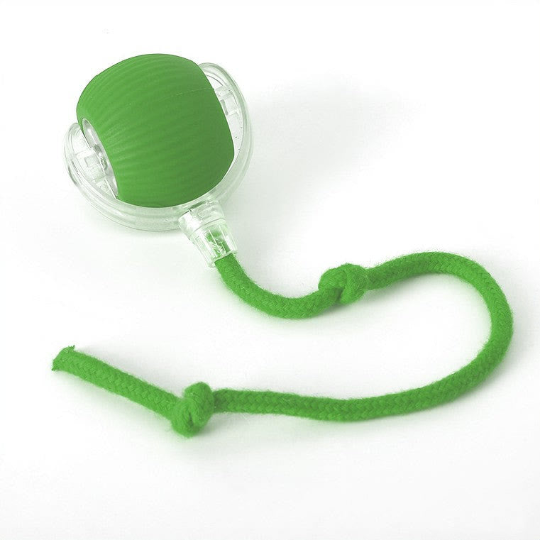 Placeholder: green rolling ball dog toy with knotted green rope tail