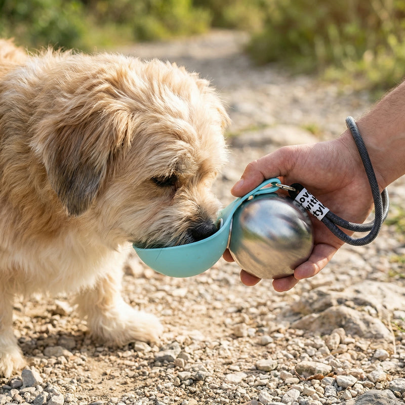 Placeholder: small dog drinking from the 2-in-1 travel water bottle's silicone bowl outdoors