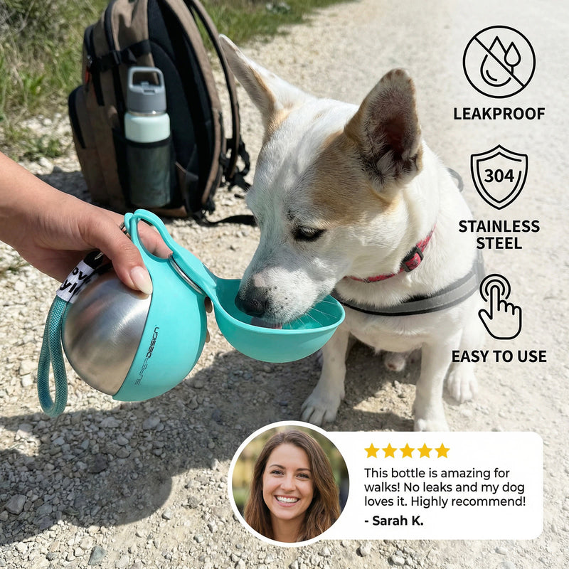 Placeholder: dog drinking from travel water bottle with open silicone bowl, lifestyle image