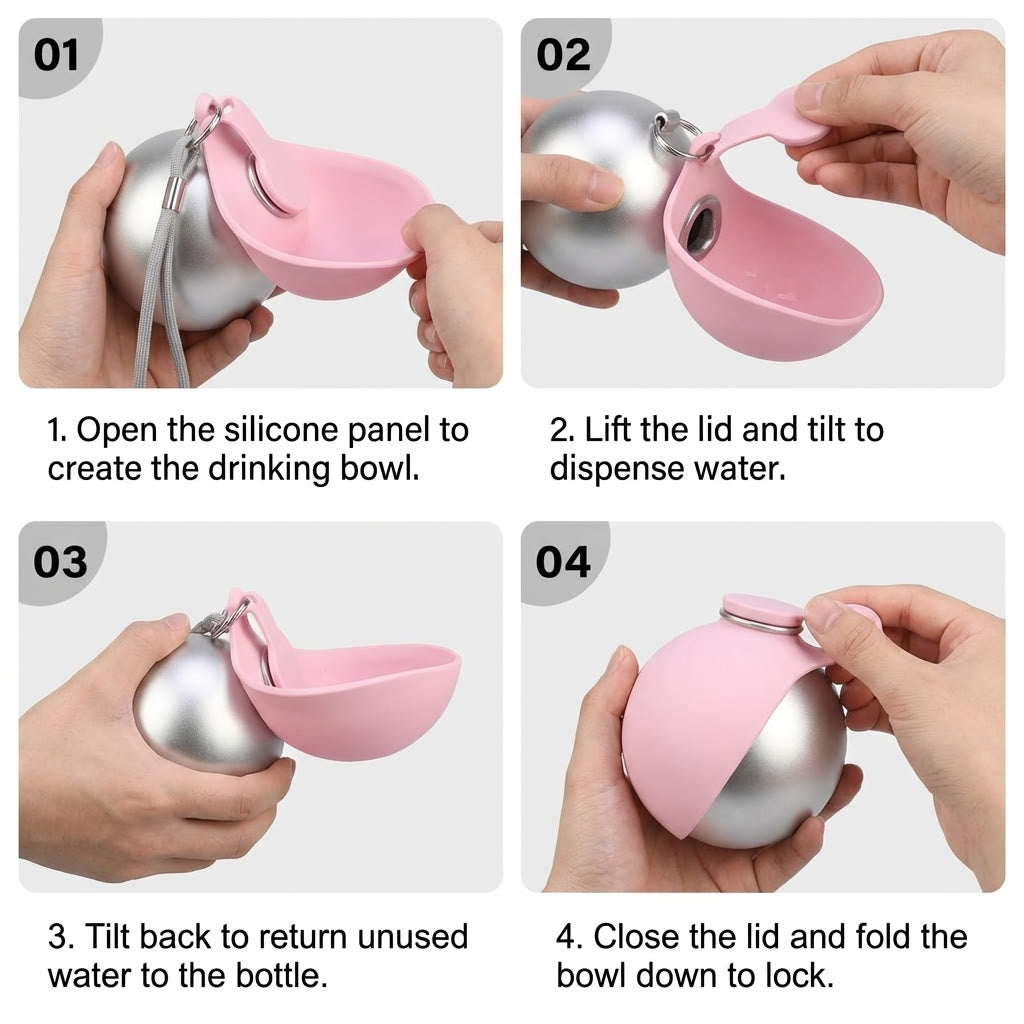 Placeholder: four-step guide to opening the silicone bowl and using the travel water bottle
