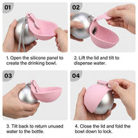 Placeholder: four-step guide to opening the silicone bowl and using the travel water bottle
