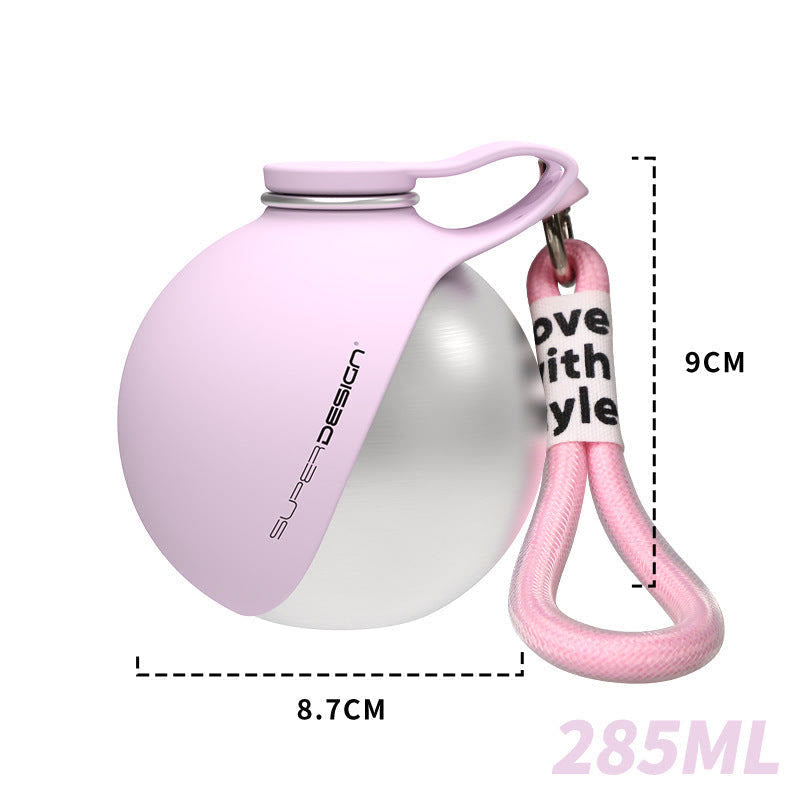 Placeholder: stainless steel travel water bottle with light purple silicone bowl on white background