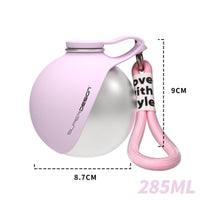 Placeholder: stainless steel travel water bottle with light purple silicone bowl on white background