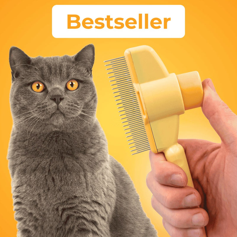 Placeholder: yellow self-cleaning cat brush with grey cat