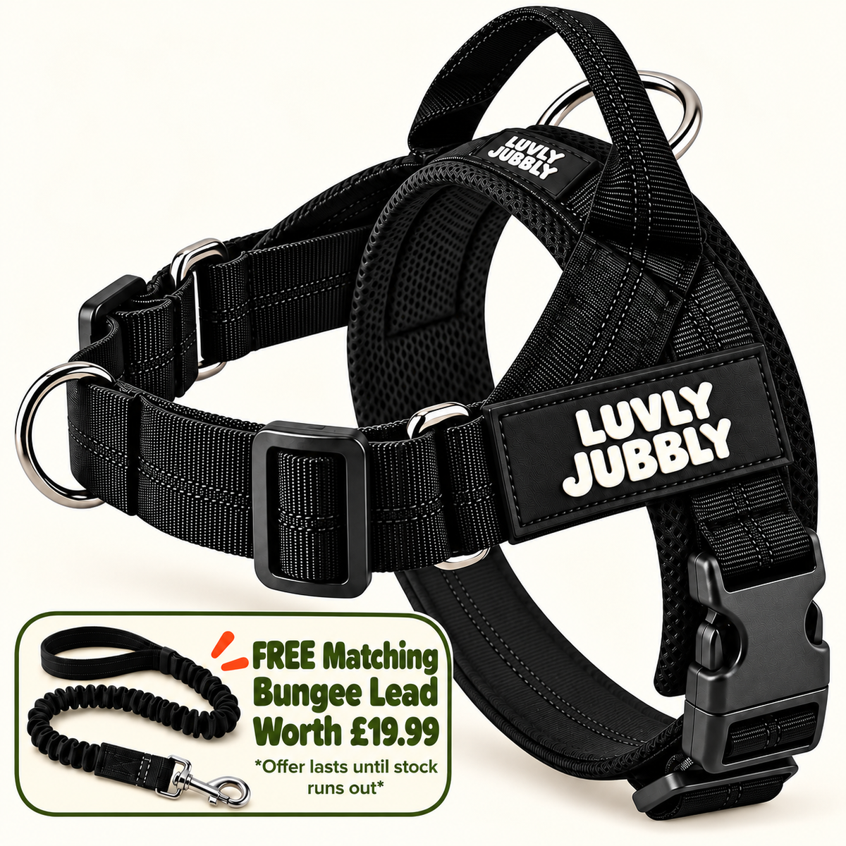 Luvly Jubbly black harness with free matching bungee lead worth £19.99