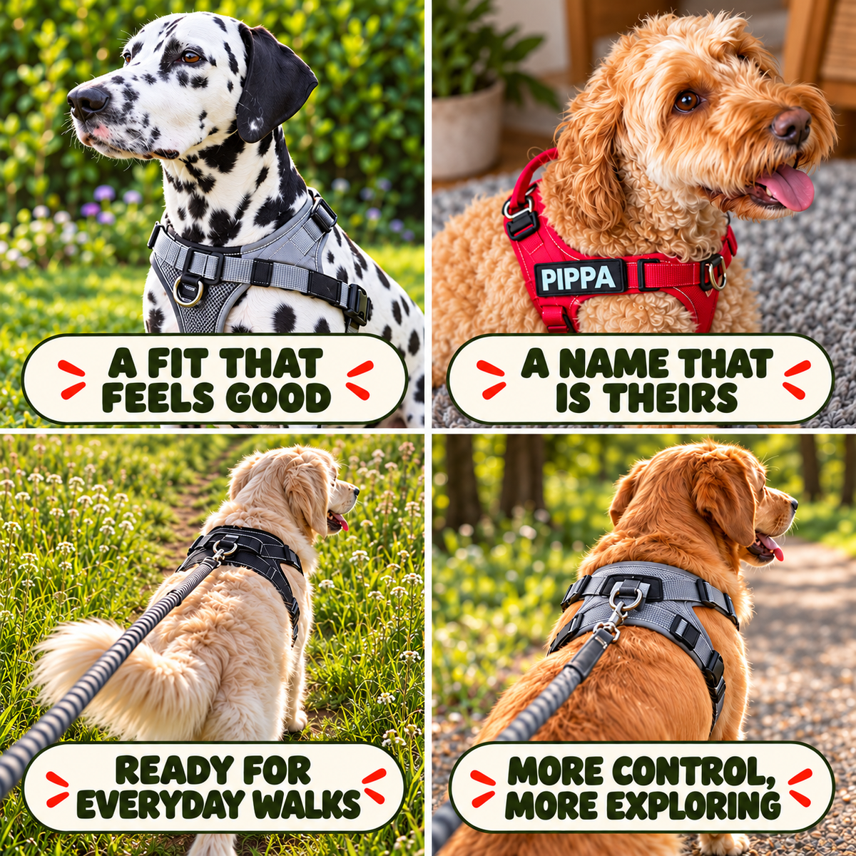 Luvly Jubbly — Four dogs wearing personalised harnesses