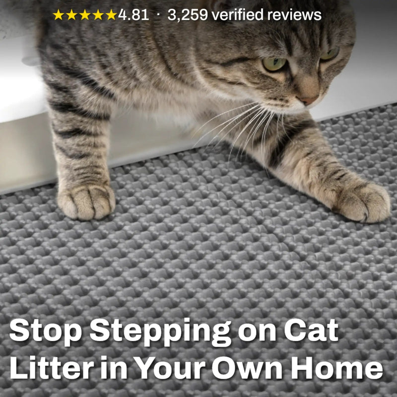 Placeholder: grey honeycomb cat litter mat with cat stepping out of litter box