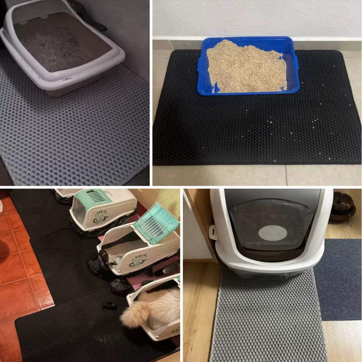 Placeholder: litter mats placed under different litter boxes