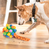 Placeholder: dog sniffing a green snuffle ball toy with treats on an unrolled fleece strip