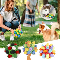 Placeholder: snuffle ball dog toys in green, green and red with colourful fleece strips
