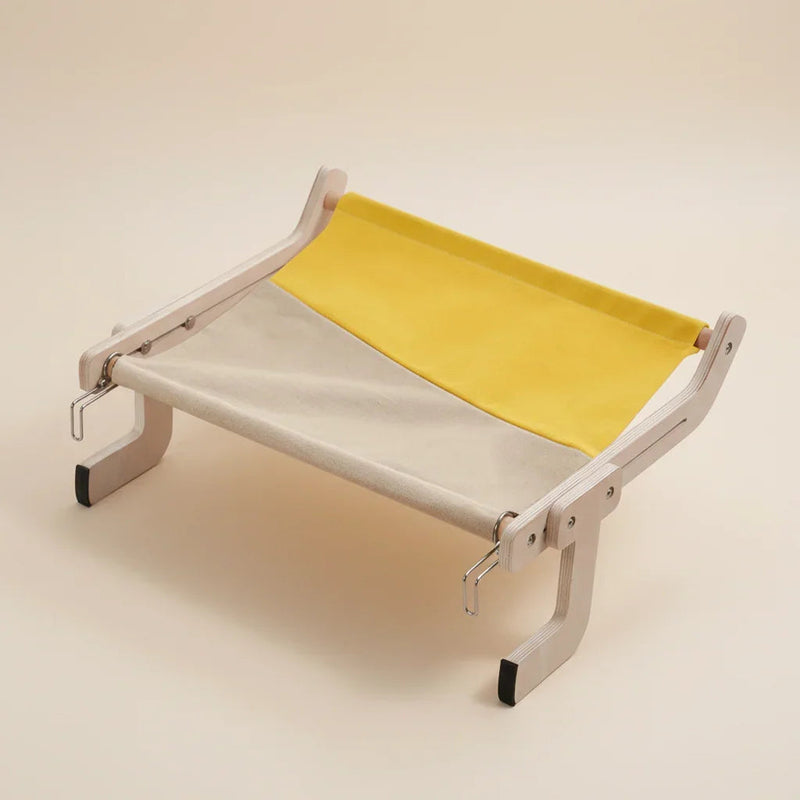 Cat window perch hooked onto window sill - wooden hammock with hooks and support legs